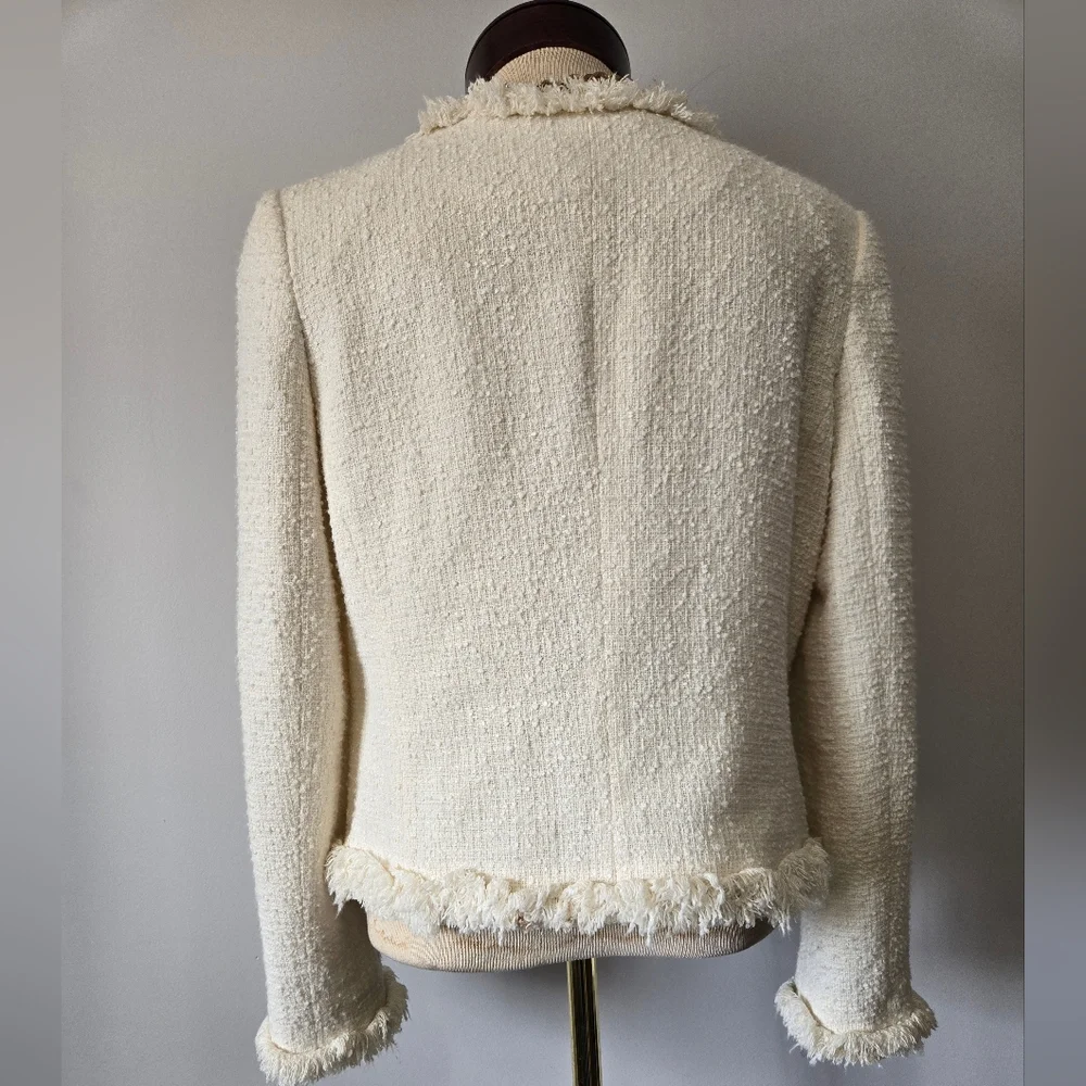 L.K BENNETT LONDON Cream Cottton Tweed Cropped Open Front Jacket With Fringe. 8 - Picture 6 of 16
